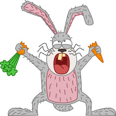 The gray wild hare broke the carrots on the floors. Vector illustration in doodle style. The symbol of 2023.