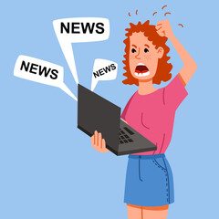 The girl reads the news on a laptop. A woman is shocked by what is happening in the world. Vector illustration in flat cartoon style.