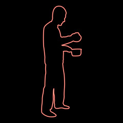 Neon man with saucepan in his hands preparing food Male cooking use sauciers with open lid red color vector illustration image flat style