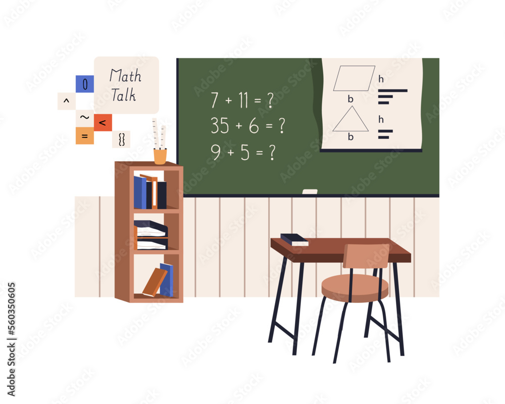 Poster Maths classroom with blackboard, desk. Mathematics class, empty study room with chalkboard. Arithmetics and geometry in elementary school. Flat vector illustration isolated on white background
