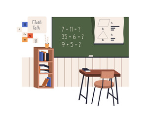 Maths classroom with blackboard, desk. Mathematics class, empty study room with chalkboard. Arithmetics and geometry in elementary school. Flat vector illustration isolated on white background