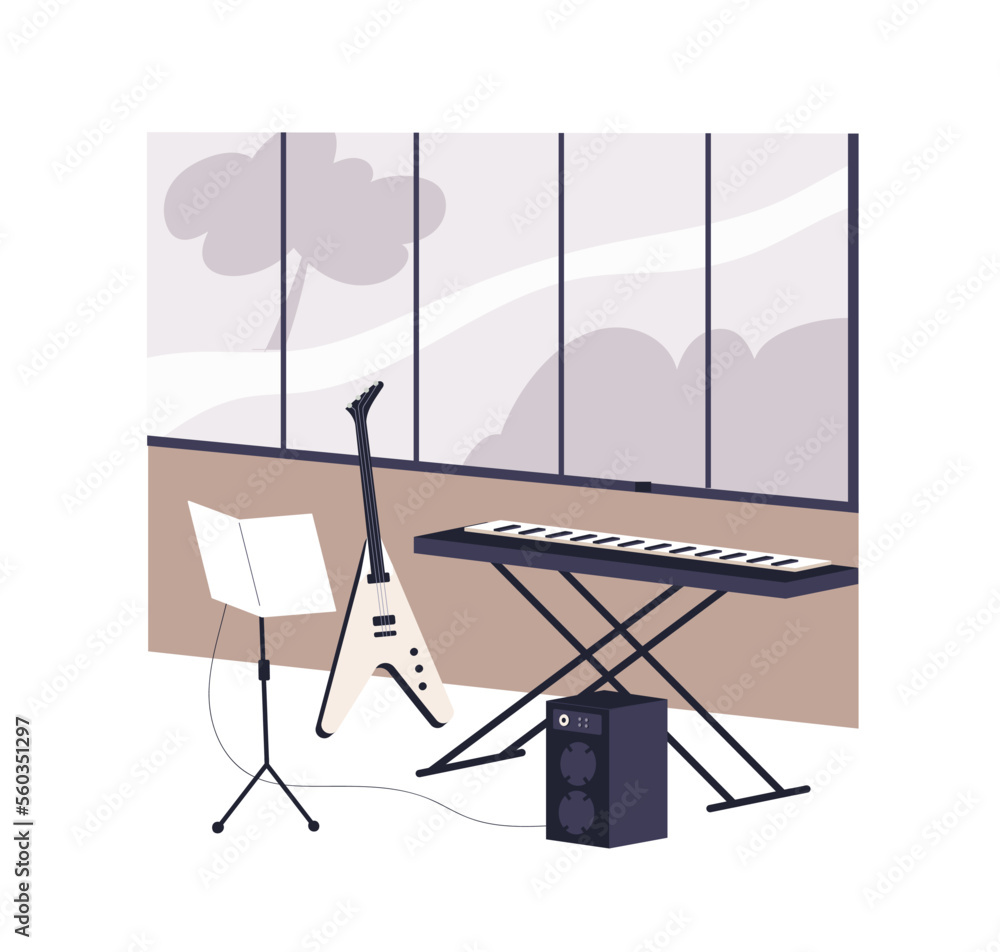 Poster music studio, classroom with electric guitar, synthesizer. creative school class, empty study room i