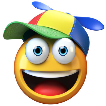 Smiling emoji wearing kid cap with propeller isolated on white background, emoticon with colorful hat 3d rendering