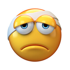 Emoticon white bandage wrapped around its head, headache emoticon, injured head 3d rendering