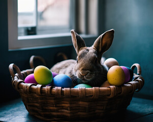 easter bunny with basket and easter eggs, Generative AI