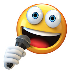 Emoji holding microphone isolated on white background, emoticon singer, reporter, presenter 3d rendering