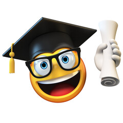 Emoji graduate student isolated on white background,emoticon wearing graduation cap holding diploma 3d rendering