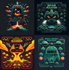 Collection of retro space invaders arcade gaming designs