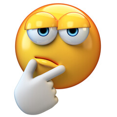 Thinking emoticon on white background, emoticon with thumb and index finger on its chin 3d rendering