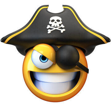 Pirate emoji isolated on white background, emoticon with the pirate hat and the eye patch 3d rendering