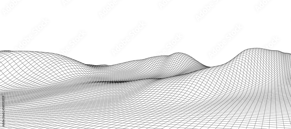 Poster digital wavy wireframe landscape. futuristic linear undulating terrain. digital cyberspace in mounta