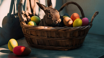 easter basket with eggs and bunny, Generative AI