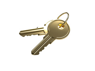 Two golden keys on a white background. 3D illustration.