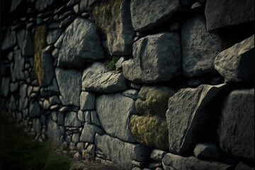  a stone wall with moss growing on it's sides and a grassy area in the background with a small patch of grass growing between the rocks and the wall is a grassy area with.