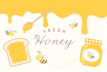 vector background with a set of honey, toast and bees for banners, cards, flyers, social media wallpapers, etc.