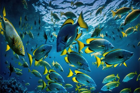  a large group of fish swimming in the ocean together, with a blue background and a yellow stripe around the bottom of the image, and bottom half of the image is a large group of a. generative ai