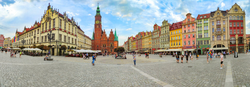 panoramic view of the market square and town hall in the center of the old town. Wroclaw, Poland