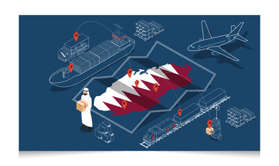 3D isometric Qatar logistics concept with Transportation operation service, Export, Import, Cargo, Air, Road, Maritime, Delivery. Vector illustration EPS 10