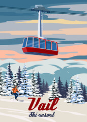 Ski Travel resort poster vintage Vail. Colorado USA winter landscape travel card - obrazy, fototapety, plakaty