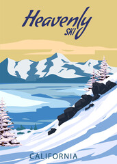 Heavenly Ski Travel resort poster vintage. California USA winter landscape travel card - obrazy, fototapety, plakaty
