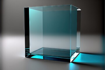  a glass cube sitting on a table with a black background and a blue light behind it and a black background behind it and a gray background with a blue light at the bottom and bottom.
