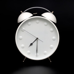 Old-style alarm clock, black and white, it's half past seven.