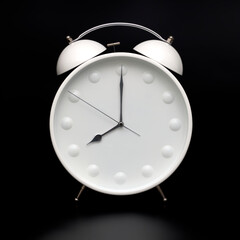 White round analog wall clock isolated on black background, its eight oclock.