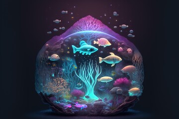  a fish aquarium with a lot of fish and corals in it, and a purple light coming from the bottom of the aquarium, and a fish in the bottom of the aquarium,.