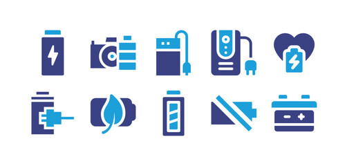 Fototapeta na wymiar Battery icon set. Duotone color. Vector illustration. Containing rechargeable battery, camera, battery, uninterrupted power supply, heart, charging, environment, full battery, no battery.