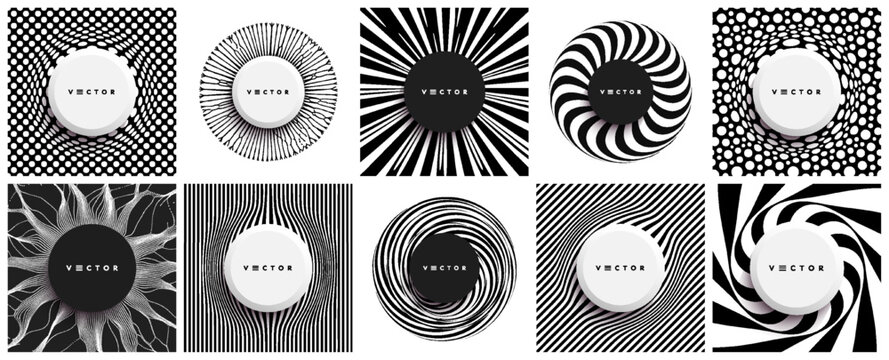 Collection for design. Background with convex hemisphere. Volumetric composition with optical illusion. Striped pattern with copy space. Rotation and swirling movement. 3D vector illustration.