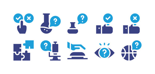 Quiz icon set. Duotone color. Vector illustration. Containing answer, chemistry, quiz, right, wrong, puzzle piece, science, buzzer, eye, sport.