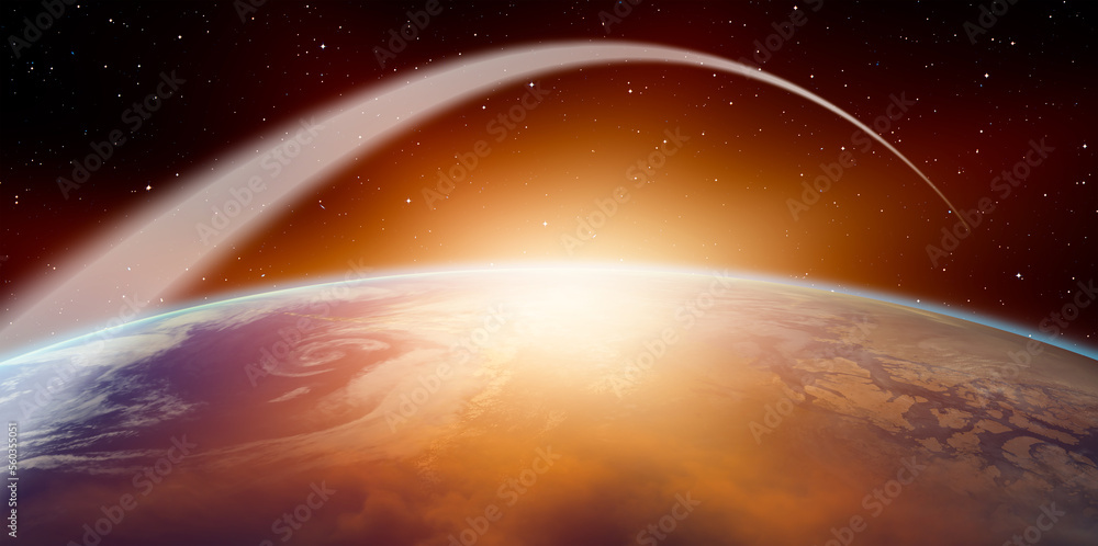 Poster long exposure night time rocket launch - planet earth with a spectacular sunset 