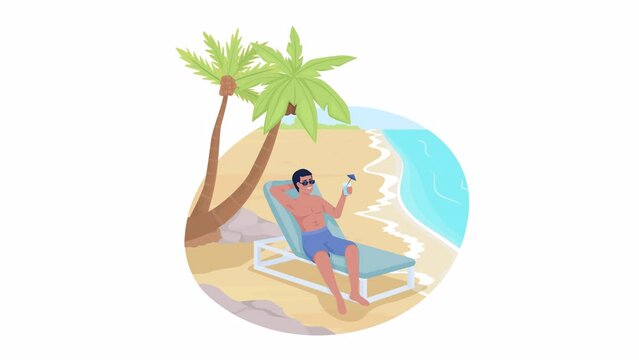 Animated summer vacation. Tropical getaway. Looped flat 2D character HD video footage. Colorful isolated animation on white background with alpha channel transparency for website, social media