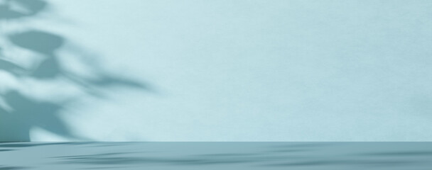 Obraz premium Empty scene with leaves shadows. Blue background. Template for product, cosmetic presentation. Natural mock up. Backdrop with empty, copy space. Display, showcase. 3D rendering.