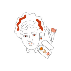 Vector illustration of women in line style with cosmetics