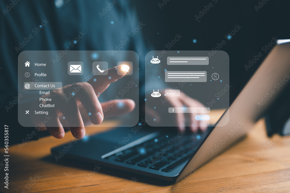 Poster contact us or customer support hotline people connect. businessman using computer laptop and touchin