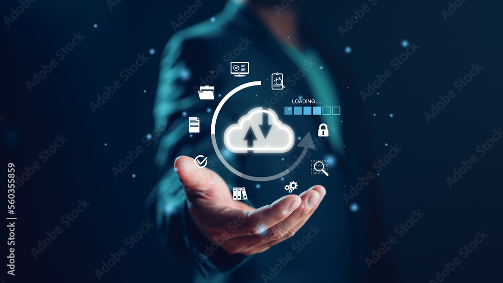 Aufkleber Businessman showing virtual glowing cloud computing to download and loading data information and upload on system network application. Technology data transformation concept, data transfer.
