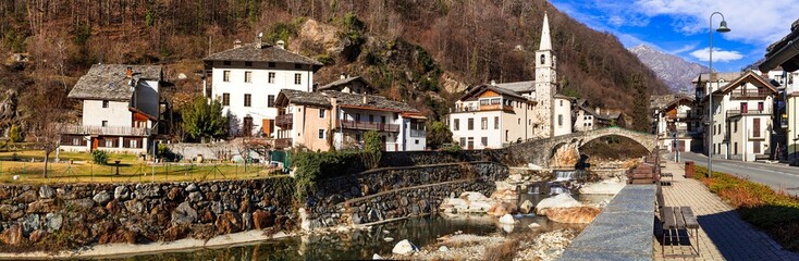 Fototapeta na wymiar most scenic Alpine villages in Italian part - Fontainemore, medieval borgo in Valle d'Aosta region