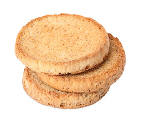 Stack of tasty organic rusks isolated on white