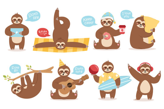 Sloths set concept without people scene in the flat cartoon style. The image of a sloth and its way of life. Vector illustration.