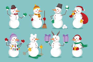 Cartoon snowman set concept without people scene in the flat cartoon style. Pictures of snowmen that children usually make in winter. Vector illustration.