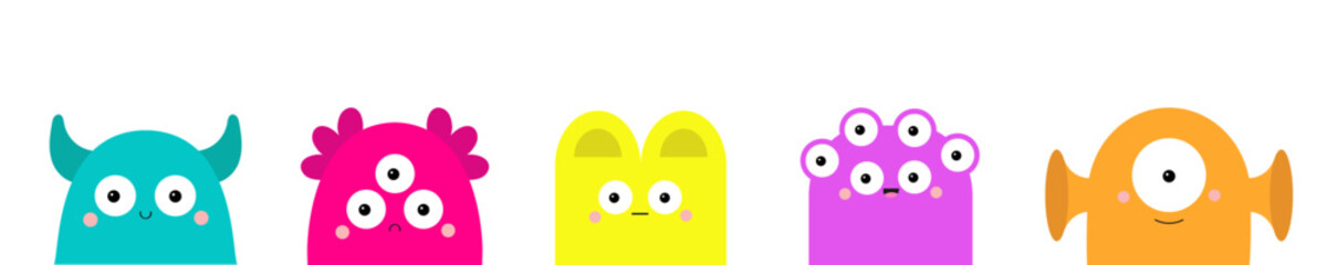 Monster face head set. Cute cartoon kawaii scary funny character. Happy Halloween. Colorful silhouette. Baby collection. Different emotion. T-shirt design. White background. Flat design.