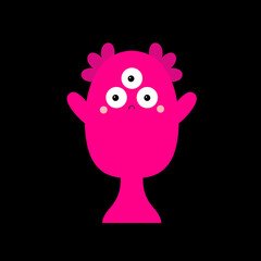 Happy Halloween. Monster head silhouette. Pink animal. Cute Kawaii funny cartoon baby character. Three eyes. Sad face. Boo. Sticker print. Flat design. Black background.