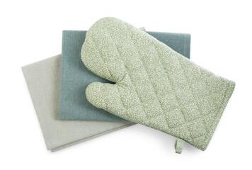 Kitchen towels and oven glove for hot dishes on white background, top view
