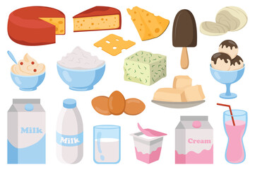 Milk set set concept without people scene in the flat cartoon style. Image of milk and milk products. Vector illustration.