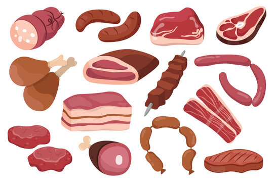 Meat set set concept without people scene in the flat cartoon design. Images of meat and various meat products. Vector illustration.