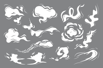 Vector smoke special effects set concept without people scene in the flat cartoon style. Image of puffs of smoke from cigarettes. Vector illustration.