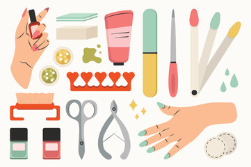 Women's hands and various manicure accessories set concept without people scene in the flat cartoon design. Image of a set of things that women need for hand care. Vector illustration.
