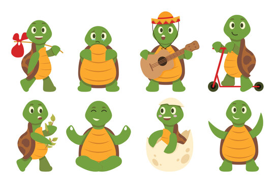 Cartoon turtles set concept without people scene in the flat cartoon design. Image of cartoon little sea turtles. Vector illustration.