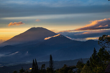 The sunrise above the Rawapening with mount Merbabu Central Java. Indonesia